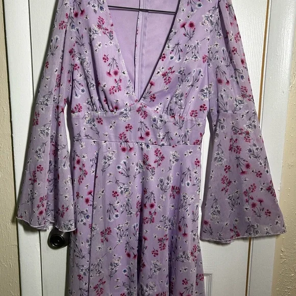 Double Crazy Purple Floral Dress Size Large Boho Bell Sleeve Empire Waist Flowy - Picture 2 of 15
